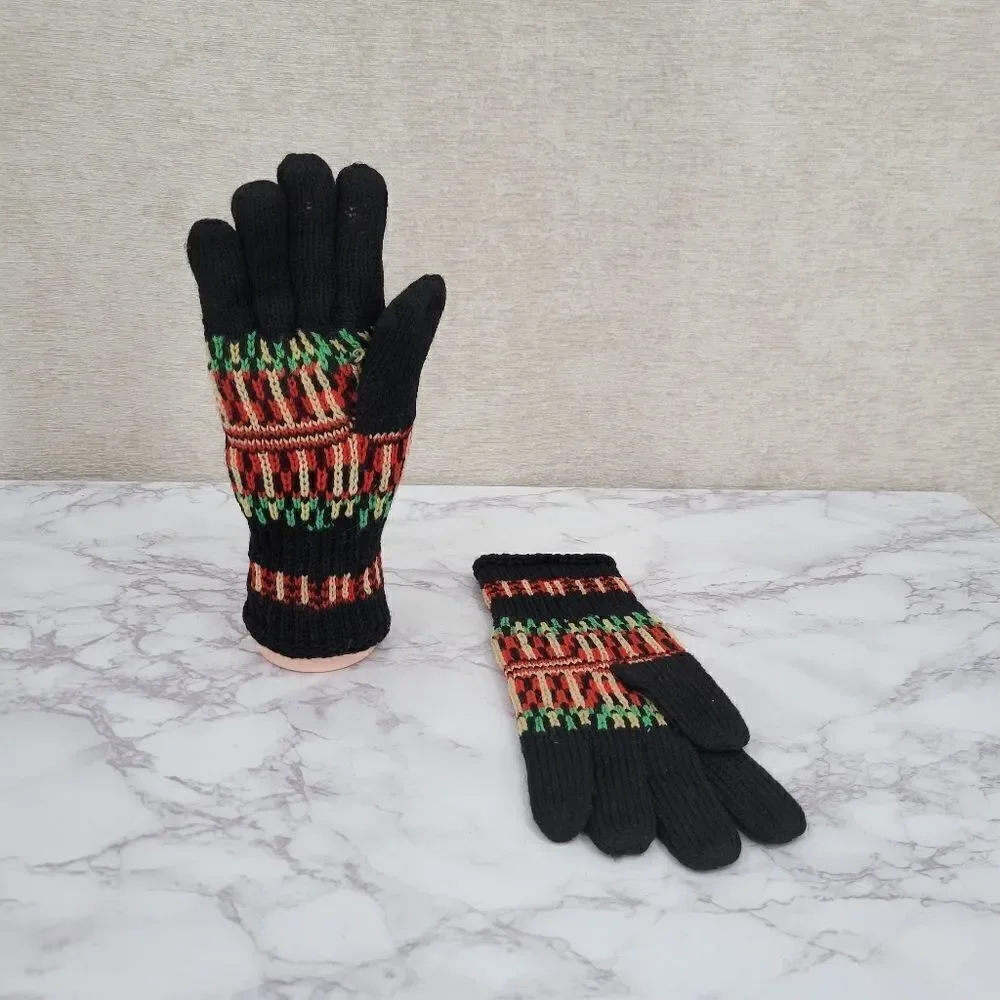 Vintage Handknit Gloves Black with Green Red Cream Nordic Fair Isle Designs